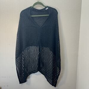 J Jill Poncho Shawl One Size Black Open Knit Linen Blend Lightweight Lagenlook